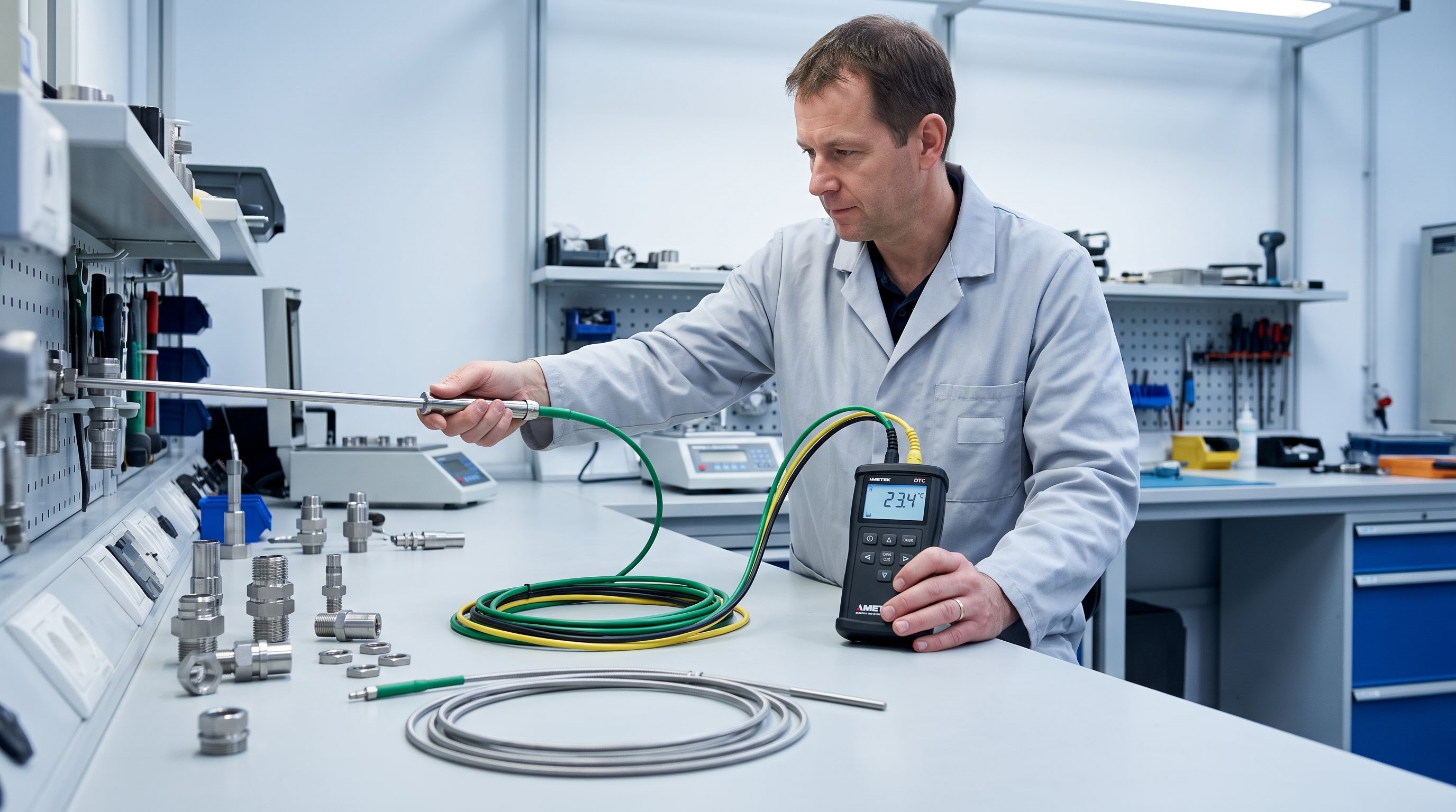 AI_IMAGE: Un technicien en blouse claire tient une sonde à thermocouple gainée devant un banc d'atelier, relevant une valeur sur un indicateur portable posé sur le plan de travail ; câbles de compensation et raccords process en acier disposés à plat autour, vue légèrement en plongée, plan de travail clair occupant le bas du cadre. | wide feature image beside a short technical consulting text column | photorealistic | landscape