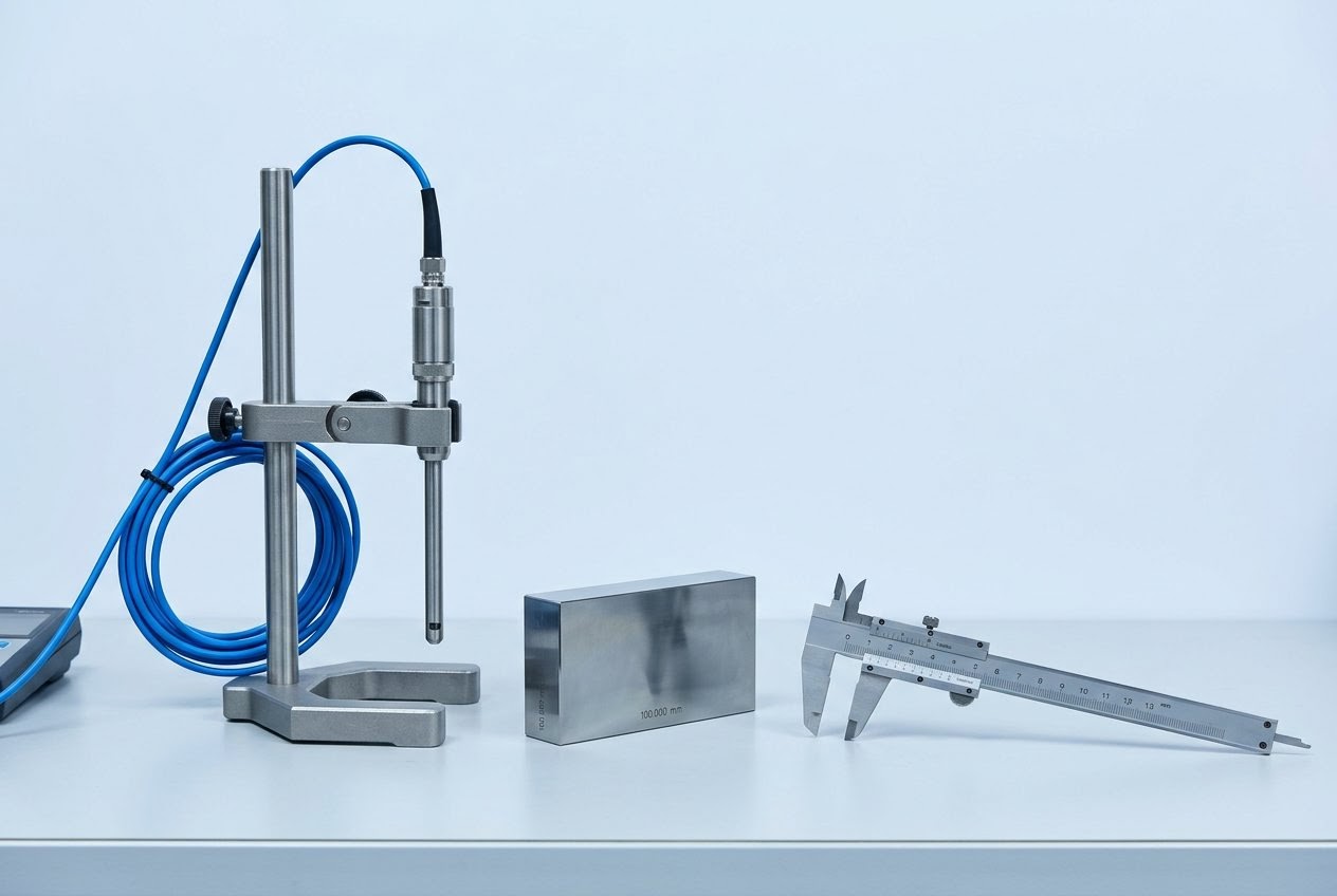 AI_IMAGE: Un banc d'atelier de métrologie vu de face, avec une sonde à immersion en acier inoxydable posée sur un support, un bloc de calibration et un caliper métallique alignés sur le plan de travail clair. | service card image in a two-column equal grid describing project diagnosis | photorealistic | card-landscape